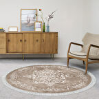 Alanur Star Kaymaz Pamuk Tabanlı Saçaklı Dijital Halı Yuvarlak