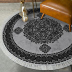 Alanur Star Kaymaz Pamuk Tabanlı Saçaklı Dijital Halı Yuvarlak