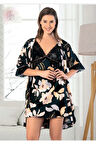 Saten Dijital Baskılı Dantel Detaylı Gecelik Sabahlık 2'li Takım 1400 Siyah