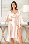 Saten Dantel Detaylı Gecelik Sabahlık İkili Takım 2624 Çift Yırtmaçlı Midi Boy Pudra