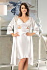 Saten Dantel Detaylı Gecelik Sabahlık İkili Takım 2621 Midi Boy Beyaz