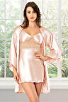 Saten Yırtmaçlı Dantel Detaylı Gecelik Sabahlık İkili Takım 2067 Pudra