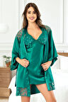Saten Dantel Detaylı Gecelik Sabahlık İkili Takım 2045 Yeşil