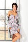 Çiçek Desenli Gecelik Sabahlık Takım 6023 Gri