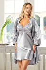 Saten Dantel Detaylı Gecelik Sabahlık Ikili Takım 2033 Gri