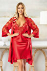 Saten Dantel Detaylı Gecelik Sabahlık Ikili Takım 2021 Kırmızı
