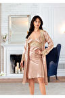Saten Dantel Detaylı Gecelik Sabahlık 2'li Takım Bej 1745
