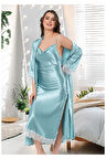 Saten Dantel Detaylı Degaje Yaka Gecelik Sabahlık Takım Mint Yeşili 2602