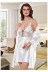 Saten Dantel Detaylı Önü Bağcıklı Gecelik Sabahlık Takım Beyaz 2107