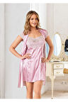 Saten Çizgi Desen Gecelik Sabahlık 2’li Takım Dantel Ve Güpürlü Pembe 1425