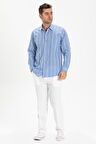 Uzun Kol Şile Bezi Tek Cepli Erkek Yazlık Gömlek Mavi Beyaz Çizgili 3019