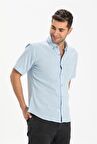 Kısa Kol Dar Kalıp Şile Bezi Erkek Gömlek Buz Mavi