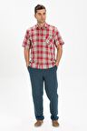 Kısa Kol Şile Bezi Tek Cepli Erkek Gömlek Kırmızı Lacivert Ekose 3057