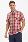 Kısa Kol Dar Kalıp Şile Bezi Tek Cepli Erkek Yazlık Gömlek Kırmızı Lacivert Ekose 3057