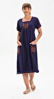 Kısa Kol Şile Bezi Melek Midi Boy Elbise Lacivert