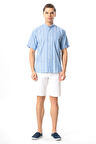 Kısa Kol Şile Bezi Hakim Yaka Tek Cepli Erkek Yazlık Gömlek Mavi Beyaz Çizgili 3019