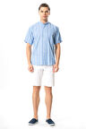 Kısa Kol Şile Bezi Hakim Yaka Tek Cepli Erkek Yazlık Gömlek Mavi Beyaz Çizgili 3019