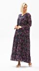 Uzun Kol Vual Gonca Elbise Tomurcuk Desen Koyu Mor