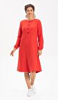 Uzun Kol Pazen Manolya Kısa  Elbise Kırmızı