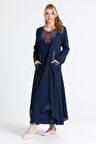 Uzun Kol Şile Bezi Nakışlı Antik Uzun Elbise Lacivert Lcvt