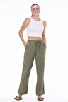 Müslin Beli Bağcıklı Çift Cepli Kadın Pantolon Haki Hk