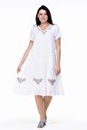 Kısa Kol Şile Bezi Mehtap Nakış Detaylı Midi Boy Yazlık Otantik Elbise Beyaz Byz