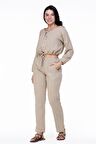 Müslin Beli Bağcıklı Çift Cepli Kadın Pantolon Vizon Vzn