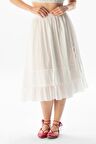 Lavinya Beli Lastikli Vual Uzun Yazlık Etek Beyaz Byz
