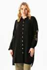 Uzun Kol Deste Gömlek Yaka Yazlık Müslin Tunik Siyah Syh