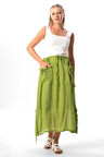 Gökşen Vual Bağlama ve Lastik Detay Midi Boy Yazlık Otantik Etek Fıstık Yeşili fysl