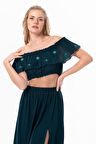 Lavinya Vual Lastik Detaylı Nakışlı Yazlık Crop Bluz Petrol Ptrl