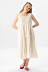 Kolsuz Şile Bezi Şule Midi Boy Fırfır Detaylı Yazlık Elbise Krem Krm