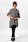 Uzun Katlanabilir Kol Sedanur Gömlek Yaka Yazlık Müslin Tunik Gri Gri