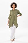 Uzun Katlanabilir Kol Sedanur Gömlek Yaka Yazlık Müslin Tunik Haki Hk