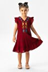 Kolsuz Şile Bezi Delfin Nakış Detaylı Yazlık Çocuk Elbise Bordo Brd