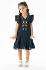 Kolsuz Şile Bezi Delfin Nakış Detaylı Yazlık Çocuk Elbise Lacivert Lcvt