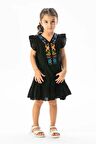 Kolsuz Şile Bezi Delfin Nakış Detaylı Yazlık Çocuk Elbise Siyah Syh