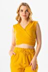 Kolsuz Deren Bel Bağlamalı Yazlık Müslin Bluz Hardal Hrd