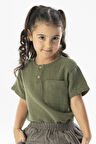 Kısa Kol Batı Cep Detaylı Yazlık Müslin Kız Çocuk Tshirt Haki Hk