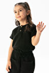 Kısa Kol Batı Cep Detaylı Yazlık Müslin Kız Çocuk Tshirt Siyah Syh