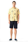 Kısa Kol Pamuklu Baskılı Erkek Yazlık Gömlek Sarı Sarı