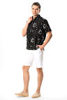 Kısa Kol Pamuklu Baskılı Erkek Yazlık Gömlek Siyah Syh