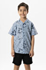 Kısa Kol Şile Bezi Baskılı Çocuk Yazlık Gömlek Buz Mavi Bmv