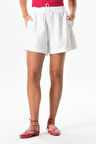 Lastik Detaylı Beli Bağcıklı Kısa Müslin Salaş Şort Beyaz Byz