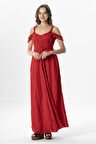 Askılı Kleopatra Kol Detaylı Uzun Müslin Yazlık Elbise Kırmızı Krmz