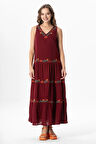 Kolsuz Şile Bezi Bahar V Yaka Nakışlı Uzun Yazlık Elbise Bordo Brd
