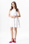 Askılı Kare Yaka Elfida Kat Kat Müslin Yazlık Kısa Elbise Beyaz Byz