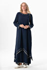 Uzun Kol Şile Bezi Lerzan Oval Yaka Nakışlı Yazlık Elbise Lacivert Lcvt