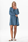 Uzun Kol Göksel Bağlama Detaylı Kısa Müslin Yazlık Elbise İndigo indg