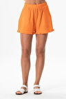 Beli Lastikli Duru Fırfır Detaylı Müslin Yazlık Kısa Şort Turuncu Trnc